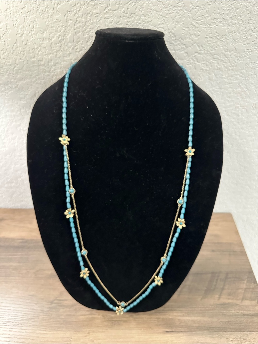 37.5” Long Turquoise Aqua Beaded Floral Layered Statement Necklace
